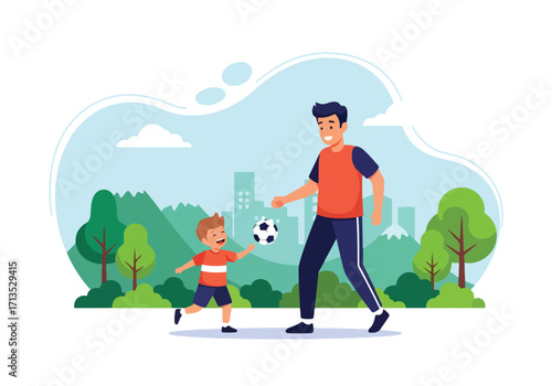 Adobe illustrator artwork vector illustration. A father and son play soccer in a park, enjoying quality time and sports amidst a vibrant natural and urban landscape