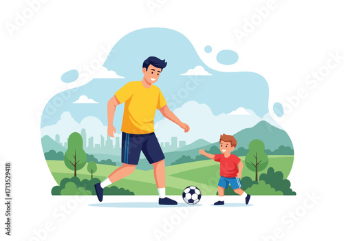 Adobe illustrator artwork vector illustration. A father and son play soccer in a park, enjoying quality time and sports amidst a vibrant natural and urban landscape