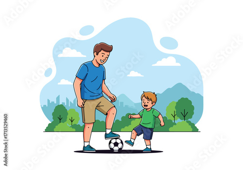 Adobe illustrator artwork vector illustration. A father and son play soccer in a park, enjoying quality time and sports amidst a vibrant natural and urban landscape