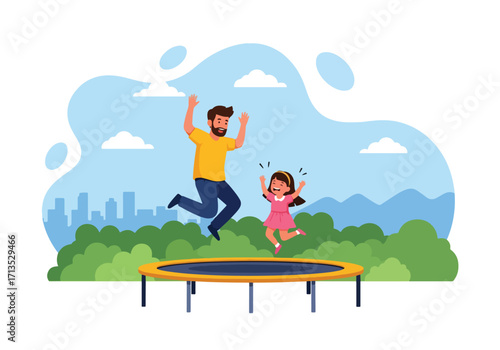 Adobe illustrator artwork vector illustration. A happy father and daughter joyfully jumping on a trampoline outdoors, celebrating fun family moments with a cityscape view
