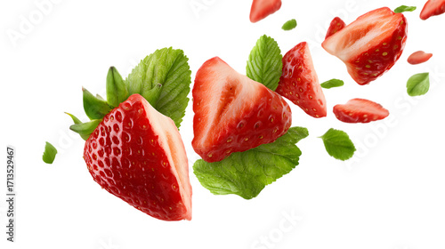 Fresh strawberries and mint leaves floating for recipes on transparent background