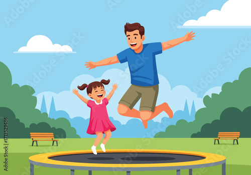 Adobe illustrator artwork vector illustration. A happy father and daughter joyfully jumping on a trampoline outdoors, celebrating fun family moments with a cityscape view