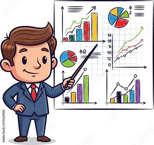 confident cartoon businessman presenting financial charts, isolated on transparent background