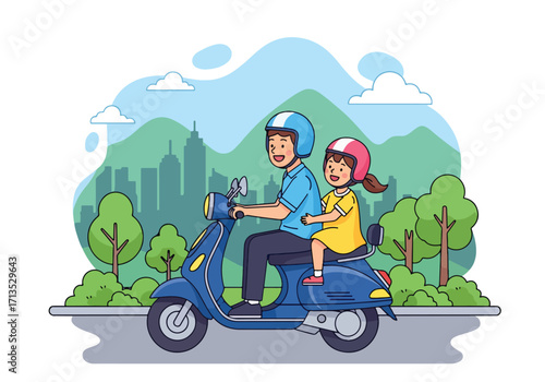 Adobe illustrator artwork vector illustration. A father and son play soccer in a park, enjoying quality time and sports amidst a vibrant natural and urban landscape