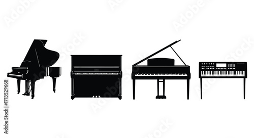 Diverse collection of piano instruments silhouette on musical elements vector
