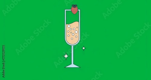 Sparkles appearing at base, bubbles rising in strawberry-topped flute, shimmering on transparent bg