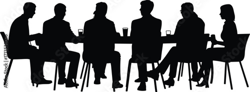 Business team meeting, corporate group discussion, office people brainstorming, professional teamwork collaboration, strategy planning, silhouette conference room table scene