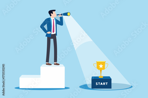 Businessman with telescope on podium looking towards a trophy on a start pedestal