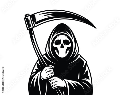 Black and white Grim Reaper illustration with hooded cloak and scythe symbolizing death, fear, and dark folklore themes