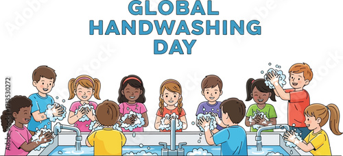 Global handwashing day with children washing hands hygiene and health care concept
