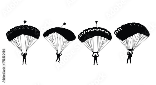 Four parachutists descending four different parachutes isolated on top view vector
