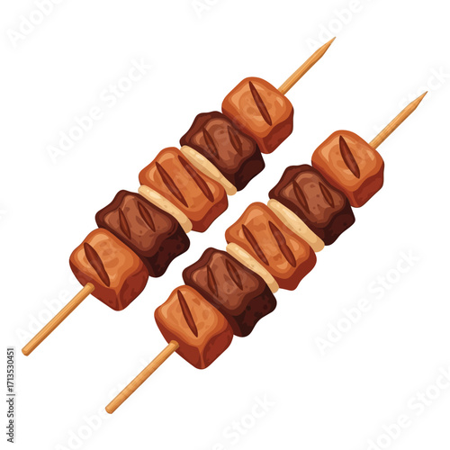 Juicy grilled meat and vegetable skewers, a tempting culinary illustration perfect for highlighting delicious barbecue cuisine, prepared for a delightful eating experience, ready to be enjoyed
