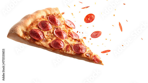 Delicious pepperoni pizza slice with floating toppings on transparent background