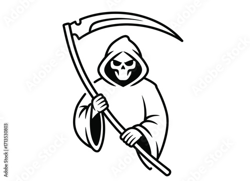 Stylized Grim Reaper in black and white holding scythe, symbolizing death, fear, and dark folklore themes