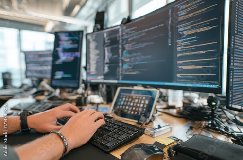Person typing on a keyboard in front of multiple computer screens displaying code, in a bright office, showing hands and foreground in sharp focus