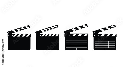 Four clapperboards in silhouette film production equipment ready for action and filming vector