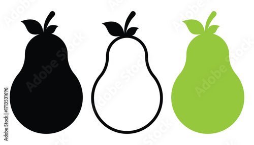 Pear Fruit Vector Illustration – Black and Green Fresh Organic Pear Icon with Leaf Isolated on White Background for Healthy Food Design.