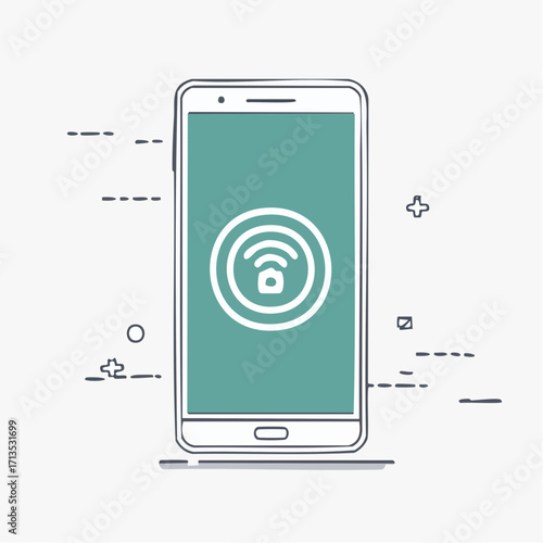 Minimalist line art illustration of a smartphone with a smart home app icon, representing home automation and wireless control technology