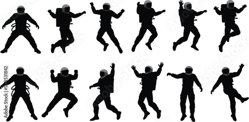 Silhouette astronauts in different dynamic floating poses isolated on white background, space exploration, zero gravity movement, science fiction, cosmic adventure illustration