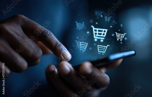 Dark-skinned hands hold a smartphone with glowing shopping cart icons floating above it. Blue hues dominate a modern, digital, technology-focused scene