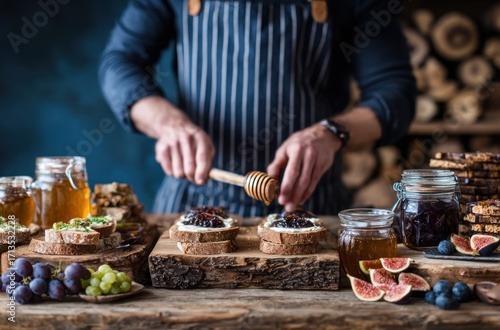 Man preparing fig and cheese crostini with honey drizzle on a rustic wooden surface, stacked wood backdrop, creating an artisanal, culinary scene