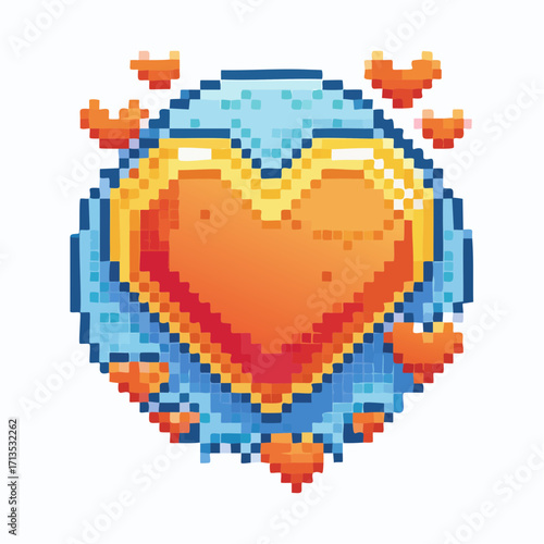 Pixelated Heart Emblem A Retro Design Featuring a Golden Heart with Surrounding Orange Love