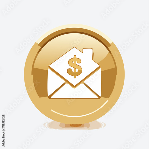 Shiny gold coin icon symbolizing a real estate offer or mortgage payment, featuring an envelope with a house and dollar sign emblem