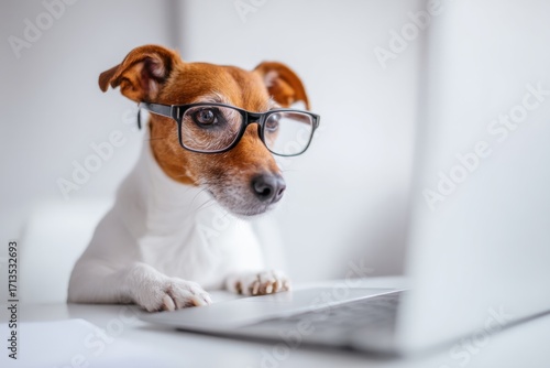 A cute, tan and white Jack Russell terrier with black frame glasses sits at a white desk looking at a laptop screen. Focus on the face