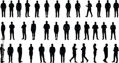 Silhouette of business people standing and talking, office group illustration, professional staff posture, teamwork communication vector, corporate worker design