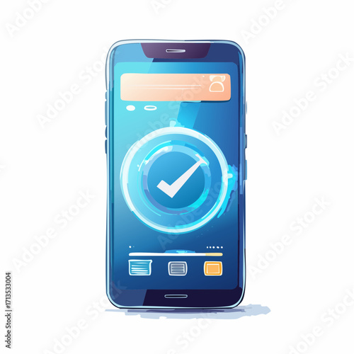 Futuristic glowing checkmark on smartphone screen, symbolizing successful task completion and digital verification, modern technology concept