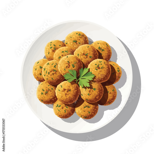 Delicious Falafel Balls on a White Plate, Sprinkled with Herbs, Top View, Isolated