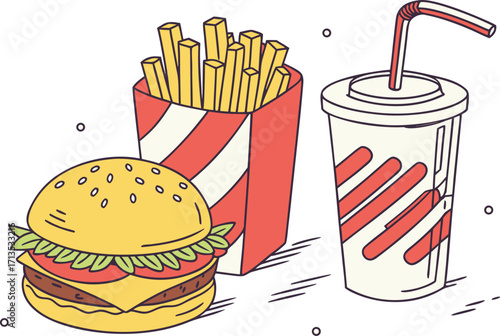 Vector flat design fast food set burger fries soda