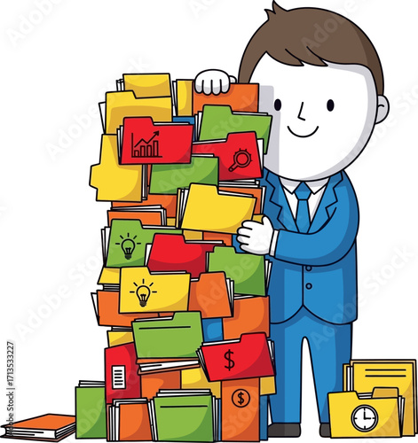 smiling businessman organizes colorful files a triumph of data management, isolated on transparent background