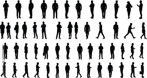 Silhouette of business people walking and standing, office worker vector collection, professional staff posture, teamwork illustration, corporate group design