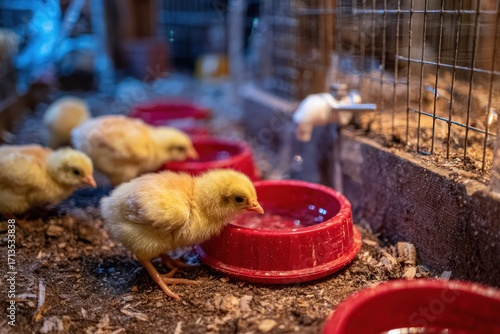Adorable yellow chicks drink water from red bowls in a caged enclosure, showcasing a simple, nurturing scene