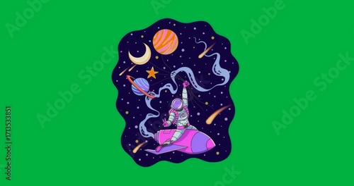 Glitch start scene flickering astronaut riding pink rocket showing cosmos on transparent background