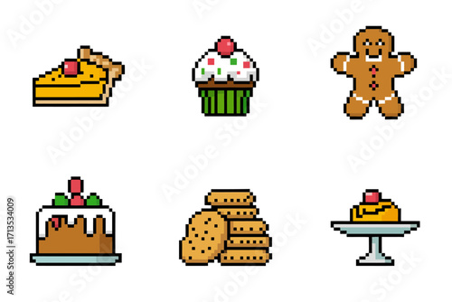 Pixel holiday desserts, cake slice, cupcake with cherry, gingerbread cookie, fruitcake loaf, cookie stack, pedestal cake, festive vector