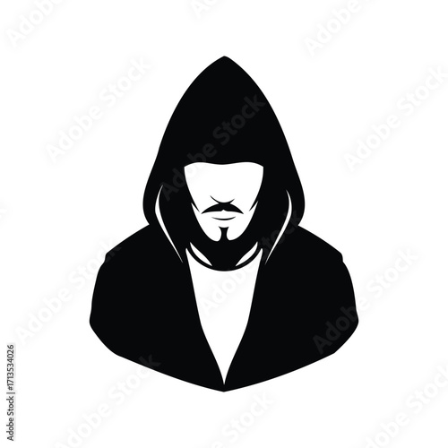 Mysterious cloaked figure with facial hair and obscured face in silhouette style, hacker with hood silhouette vector illustration