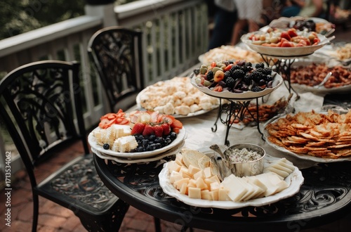 Table laden with plates of food (fruit, cheese, crackers) on a patio, with a black iron chair nearby, suggesting outdoor gathering