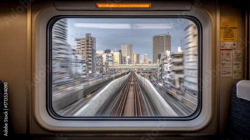 Train's-eye view captures a blurred cityscape through a window. Rails recede into the distance, framed by buildings and overhead structures