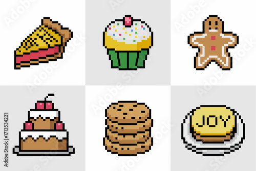 Pixel bakery icons, pie slice, frosted cupcake, smiling gingerbread, layered cake stand, chocolate cookies, joy biscuit, winter vector