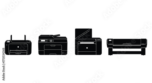 Row of black office printers scanners and copiers isolated on technology vector