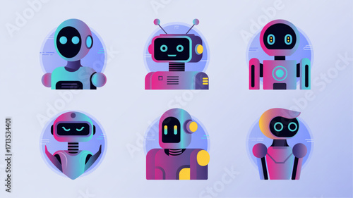 Collection of futuristic robot avatars with vibrant gradients, showcasing artificial intelligence and modern technology on a light background