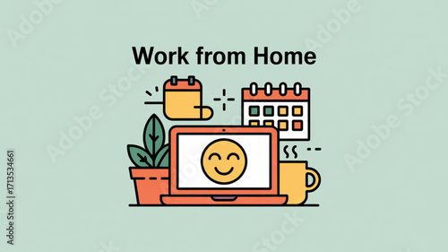 Work from home concept illustration with laptop, calendar, plant, and coffee cup on a light green background