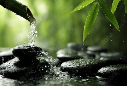 Clear water flows from a bamboo spout, cascading onto smooth, dark rocks surrounded by lush green foliage in a calming, zen-like composition