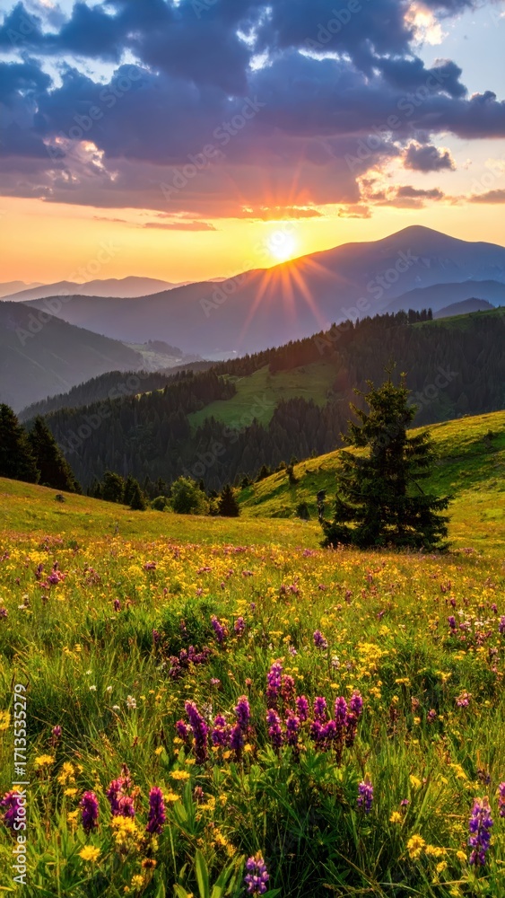 Fototapeta premium Serene Sunset Over Mountain Landscape with Vibrant Flower Field