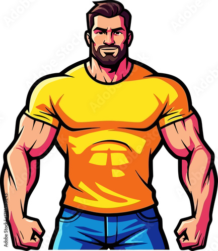the strong man a powerful muscular figure in casual wear, isolated on transparent background