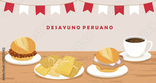 Desayuno peruano de chicharron, tamales, salchicha huachana y café