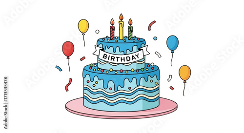 birthday cake with candles and balloons, ilustration vector of birthday cake