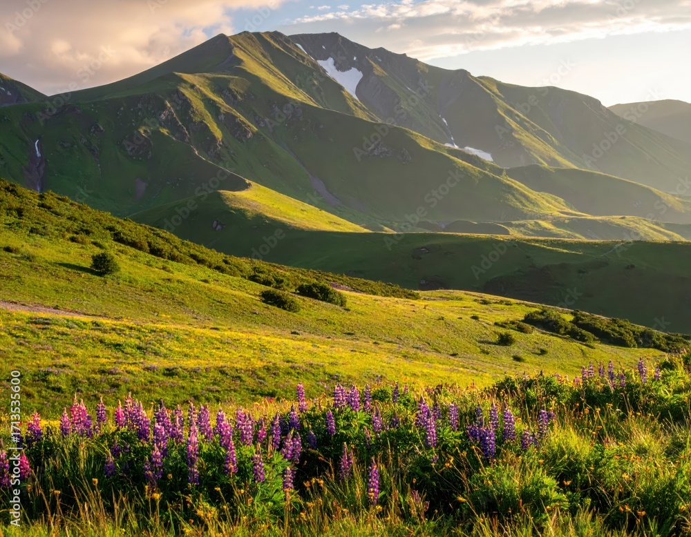 Obraz premium Vibrant Wildflowers Against Majestic Mountain Landscape at Dawn